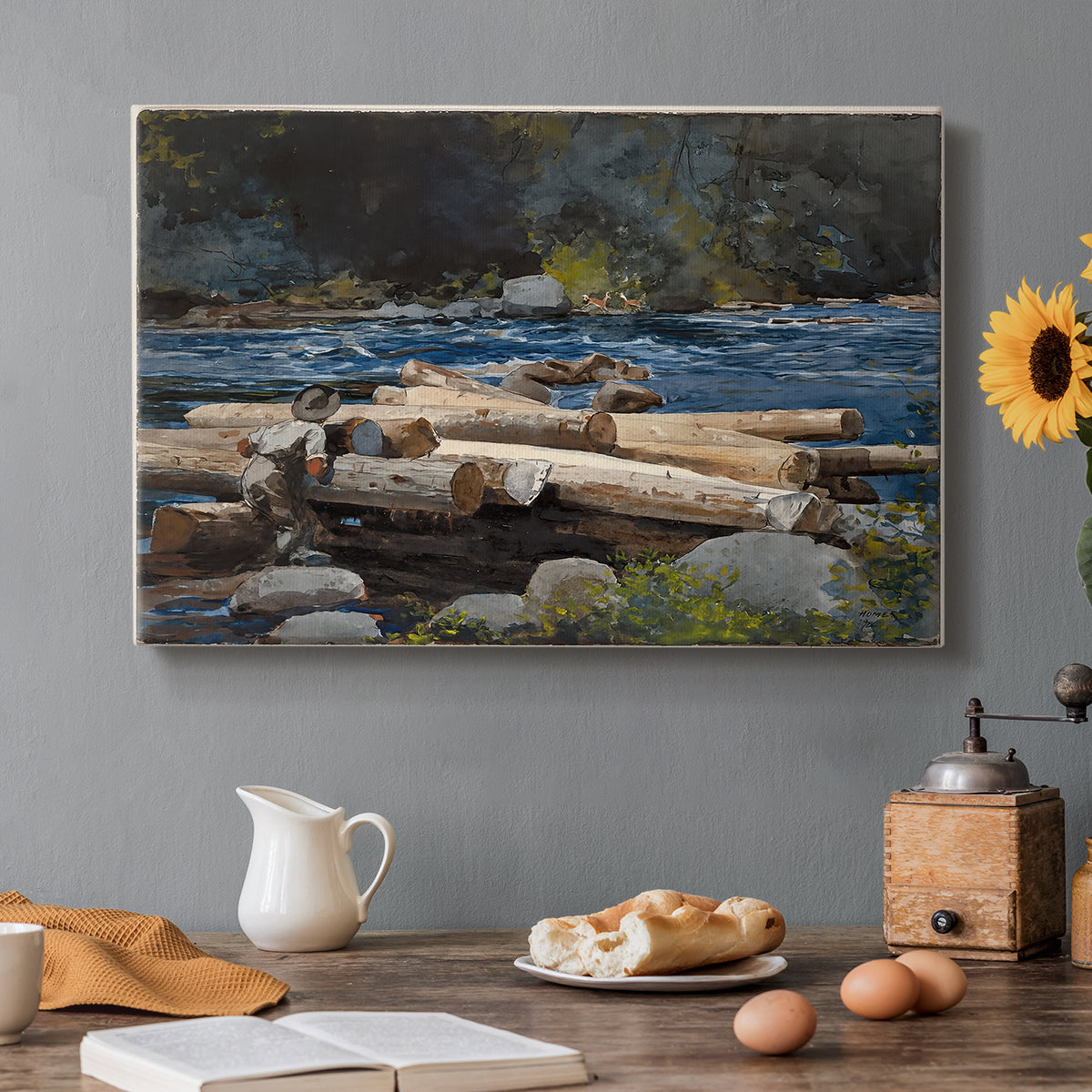 Canvas art print featuring a river landscape with boats and tree-lined banks under soft sky, set in a cozy kitchen setting