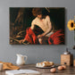 Canvas art print featuring a young Saint John seated in wilderness with staff and red drapery, set in a cozy kitchen setting
