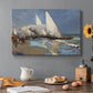 Canvas art print featuring boats and figures gathered along busy beach with sails and water, set in a cozy kitchen setting