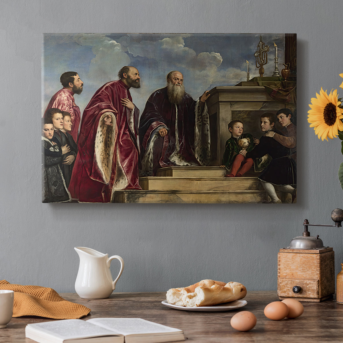 Canvas art print featuring a family group standing in reverent pose before sacred relic in formal interior, set in a cozy kitchen setting