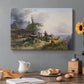 Canvas art print featuring a farmhouse with livestock set within mountainous alpine landscape, set in a cozy kitchen setting