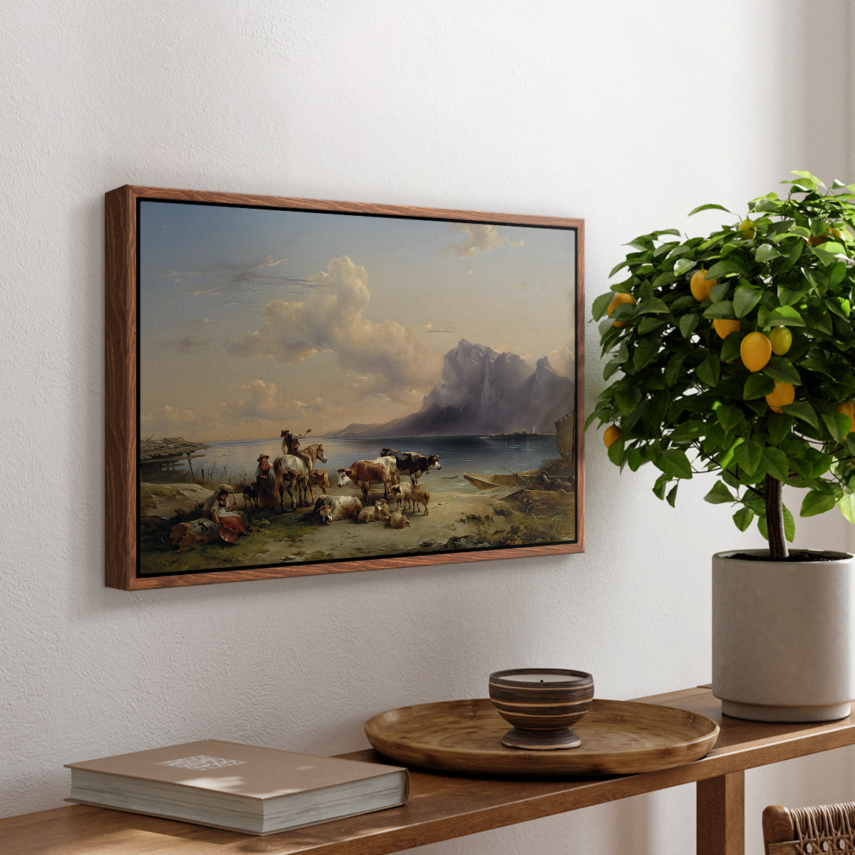 Shepherds and Cattle on Lake Attersee, 1852 - Floater Framed Canvas Print