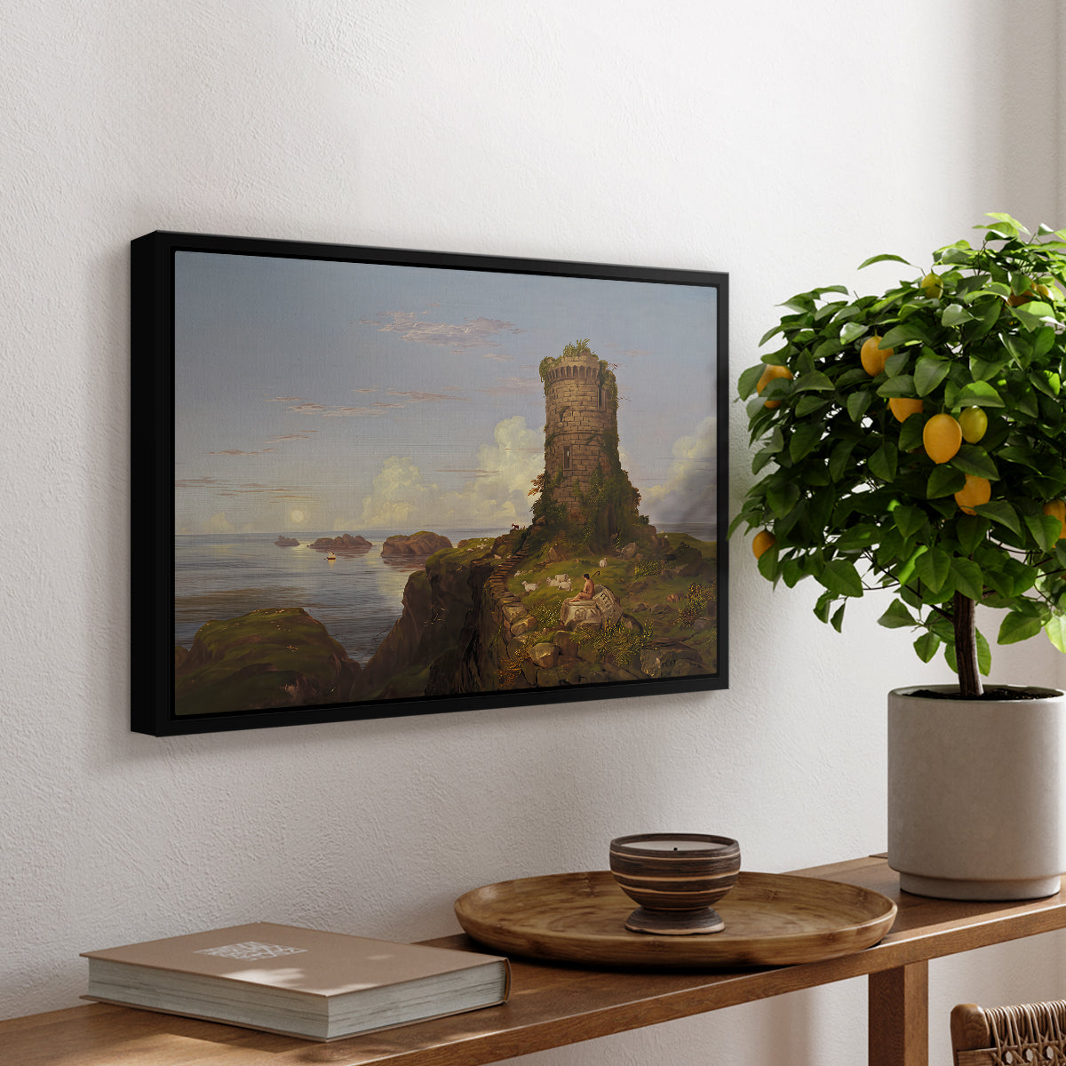 Italian Coast Scene with Ruined Tower, 1838 - Floater Framed Canvas Print