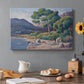 Canvas art print featuring figures bathing along shoreline in bright coastal landscape, set in a cozy kitchen setting