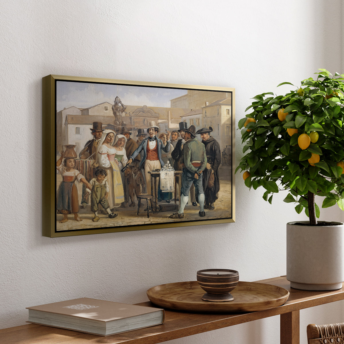 A Charlatan Selling Blacking in the Piazza Barberini in Rome, c. 1840-1849 - Floater Framed Canvas Print