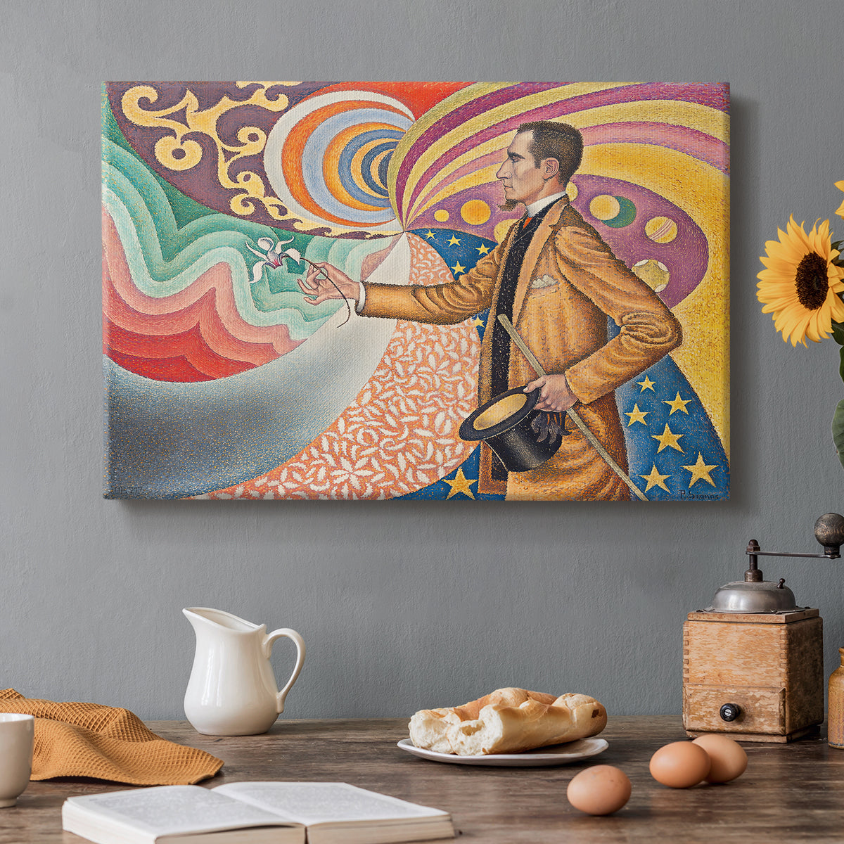 Canvas art print featuring a stylized portrait with swirling decorative background, set in a cozy kitchen setting