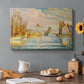 Canvas art print featuring a pointillist landscape of lighthouse and boats, set in a cozy kitchen setting