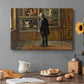 Canvas art print featuring a figure standing indoors closely examining framed artwork on wall, set in a cozy kitchen setting