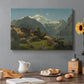 Canvas art print featuring a fjord landscape with mountains, water, and small settlement under open sky, set in a cozy kitchen setting