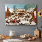Canvas art print featuring a chaotic village scene with soldiers attacking civilians in winter setting, set in a cozy kitchen setting