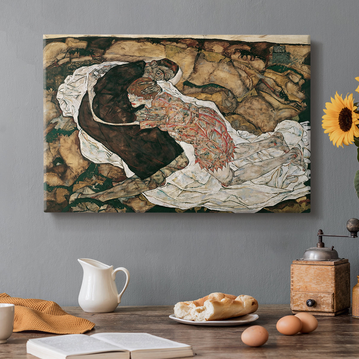 Canvas art print featuring intertwined figures representing death and woman in emotional embrace, set in a cozy kitchen setting