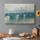 Canvas art print featuring a hazy view of Waterloo Bridge over river in gray atmospheric light, set in a cozy kitchen setting