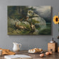 Canvas art print featuring eagles attacking stag near lake, set in a cozy kitchen setting