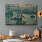 Canvas art print featuring a hazy sunrise over harbor with boats silhouetted in soft morning light, set in a cozy kitchen setting