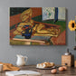 Canvas art print featuring a still life with a small sculpture and Persian vase on a table, set in a cozy kitchen setting