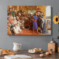 Canvas art print featuring a crowded temple scene with figures in robes surrounding central figure, set in a cozy kitchen setting