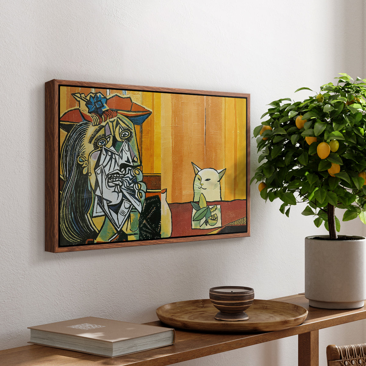 Woman Yelling at a Cat Meme (Picasso Parody) - Floater Framed Canvas Print