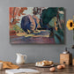 Canvas art print featuring a garden landscape with figure and dense greenery, set in a cozy kitchen setting