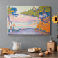 Canvas art print featuring a coastal landscape with trees and water, set in a cozy kitchen setting