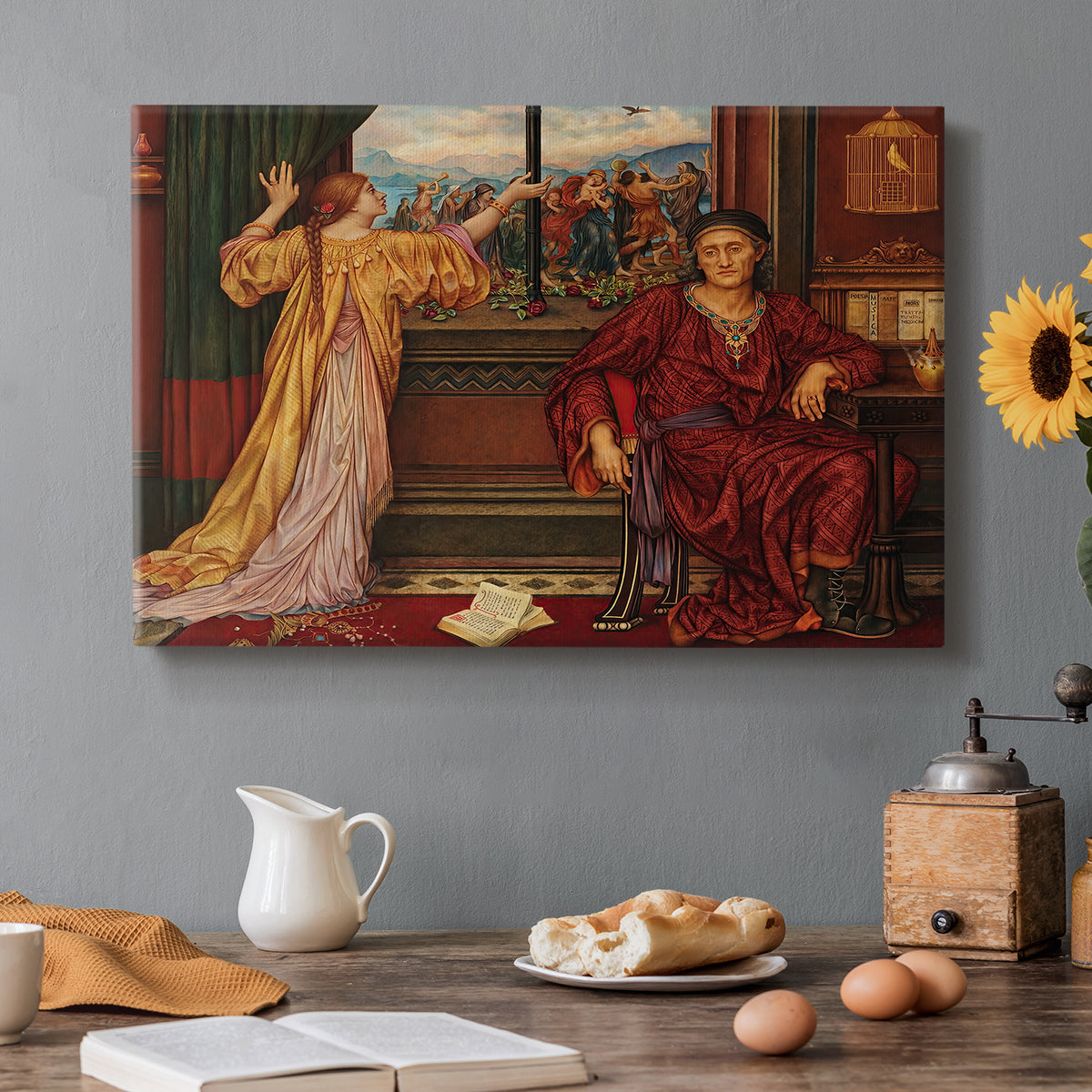 Canvas art print featuring a woman seated inside ornate interior symbolizing confinement and luxury, set in a cozy kitchen setting