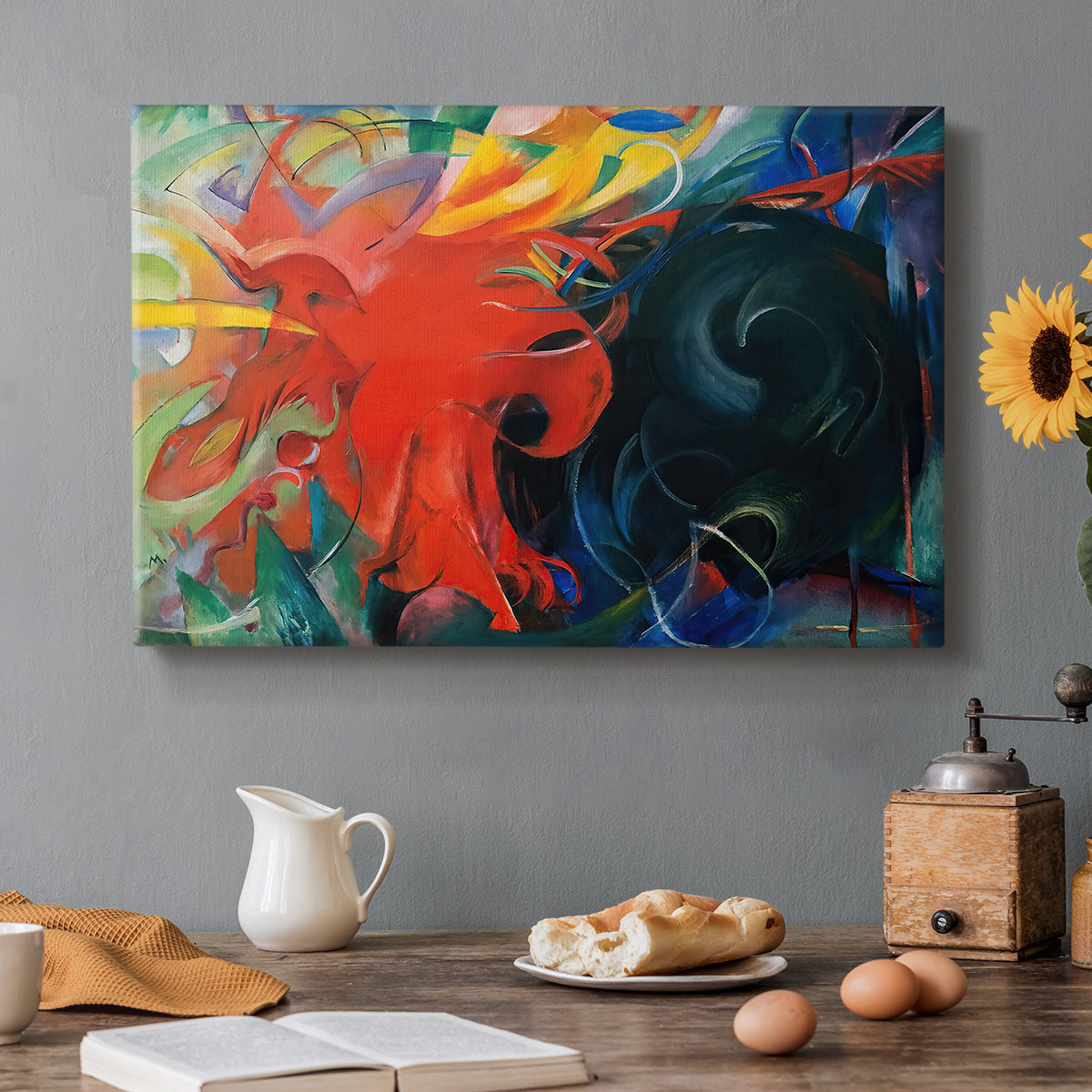 Canvas art print featuring a dynamic abstract shapes colliding in energetic composition, set in a cozy kitchen setting