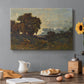 Canvas art print featuring a warm sunset over river landscape with glowing sky and reflections, set in a cozy kitchen setting