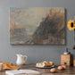 Canvas art print featuring a river landscape with castles along steep terrain, set in a cozy kitchen setting