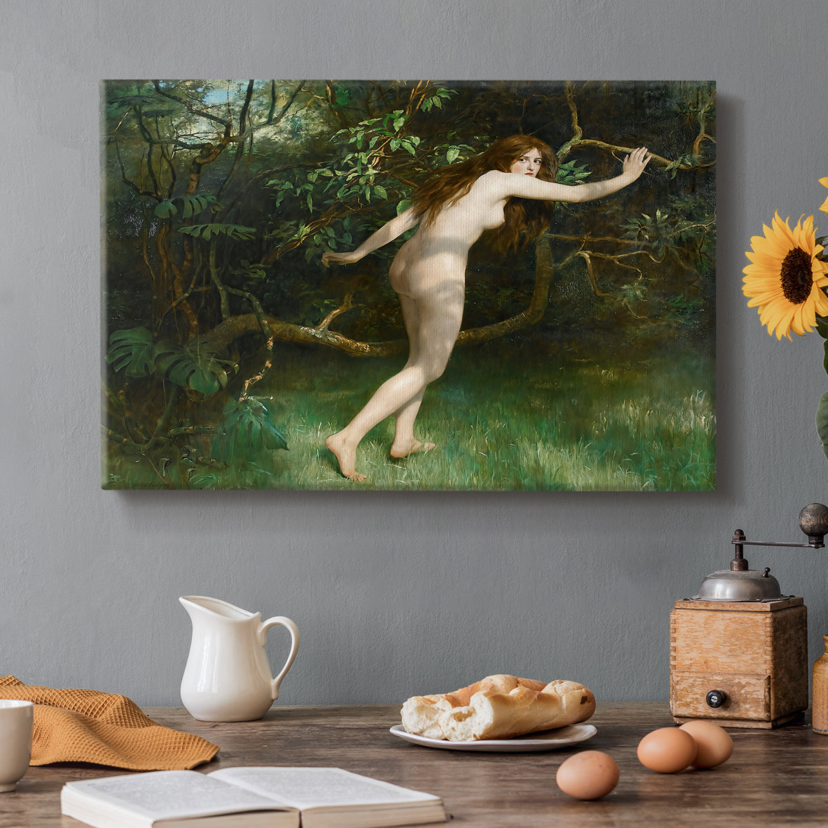 Canvas art print featuring a nude female figure standing in natural setting, set in a cozy kitchen setting