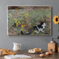 Canvas art print featuring a cat crouching in a meadow filled with wildflowers and greenery, set in a cozy kitchen setting