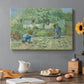 Canvas art print featuring a rural family scene with child taking first steps between adults outdoors, set in a cozy kitchen setting