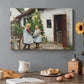 Canvas art print featuring a woman and child standing outside farmhouse searching for missing kitten, set in a cozy kitchen setting