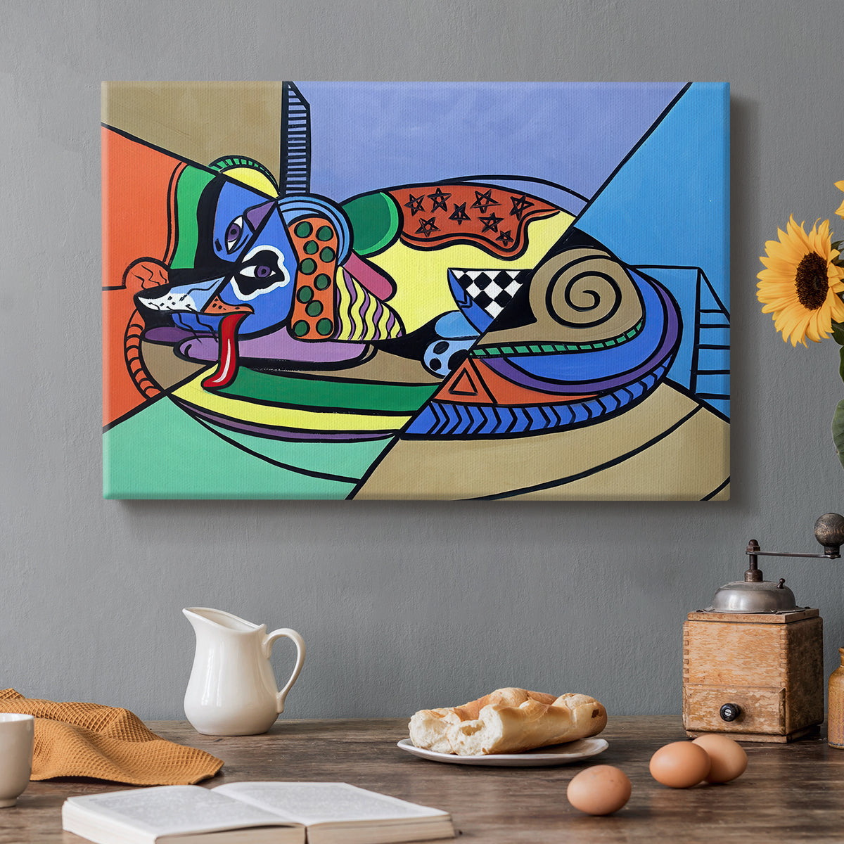 Canvas art print featuring a colorful geometric dog composed of bold shapes, set in a cozy kitchen setting