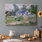 Canvas art print featuring village houses clustered along road with surrounding greenery under open sky, set in a cozy kitchen setting