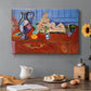 Canvas art print featuring a still life with pewter jug and pink statuette on a patterned table, set in a cozy kitchen setting