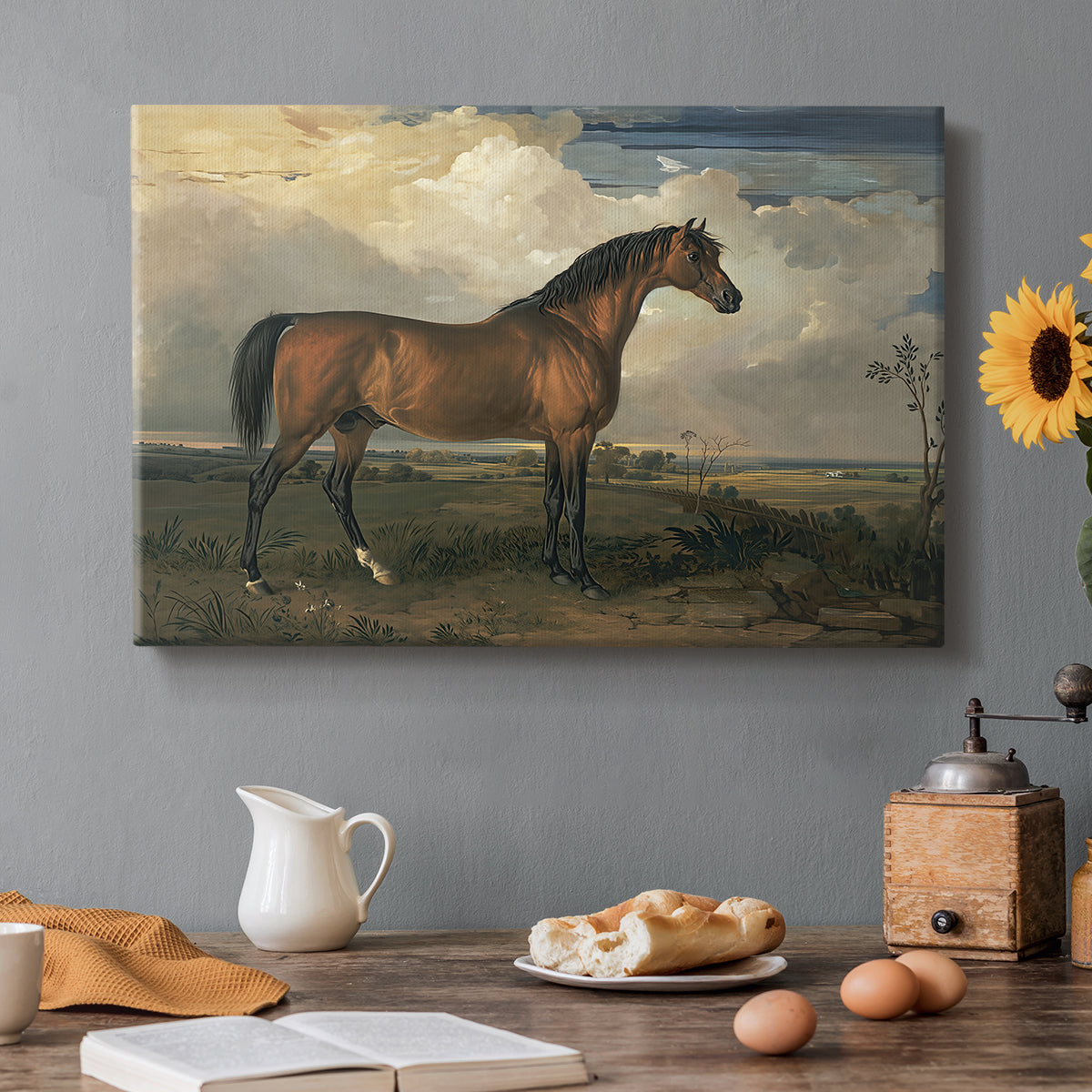 Canvas art print featuring a horse standing prominently in open landscape with strong posture, set in a cozy kitchen setting
