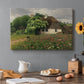 Canvas art print featuring a farmhouse surrounded by meadow filled with wildflowers and greenery, set in a cozy kitchen setting