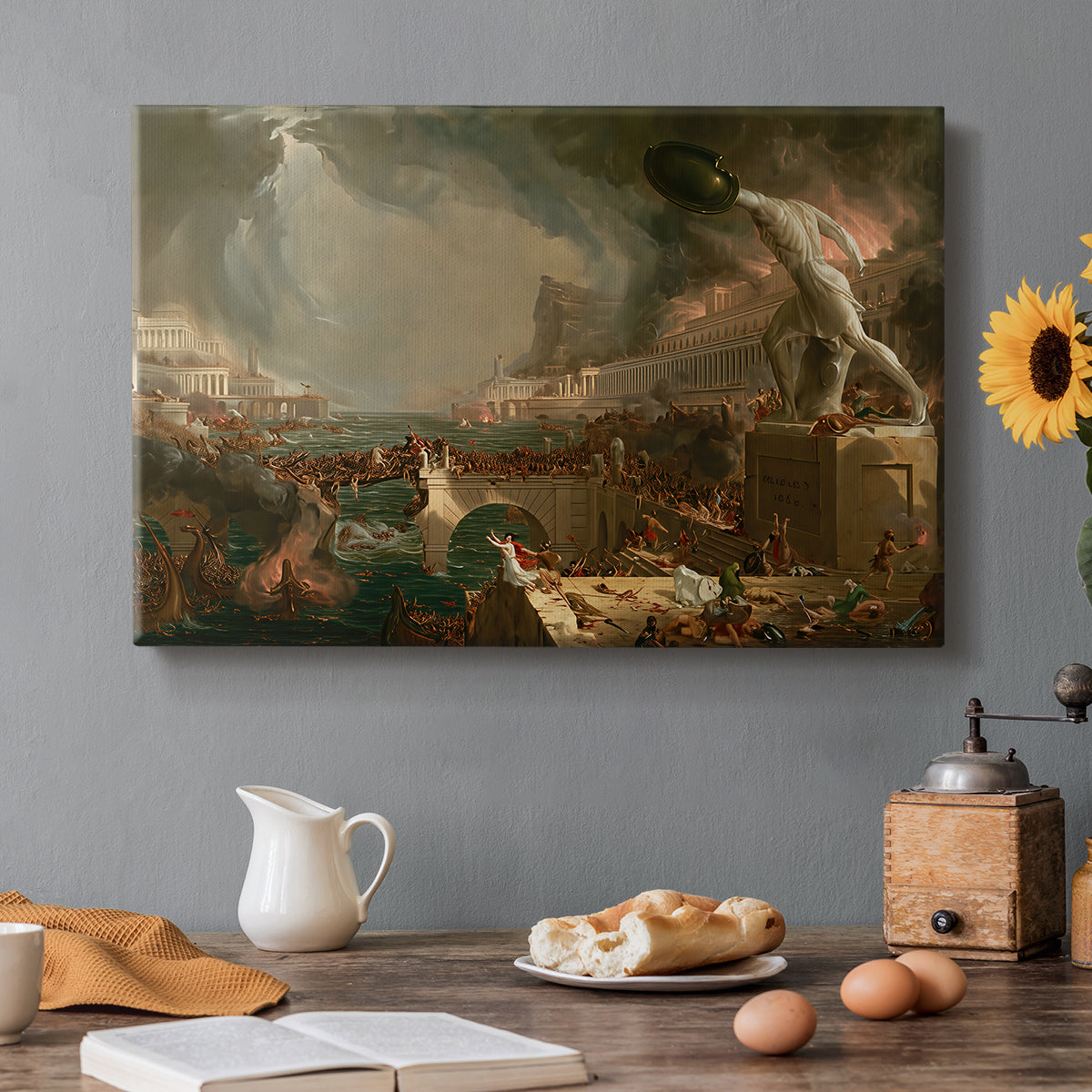 Canvas art print featuring a city in chaos with burning buildings and collapsing structures during attack, set in a cozy kitchen setting
