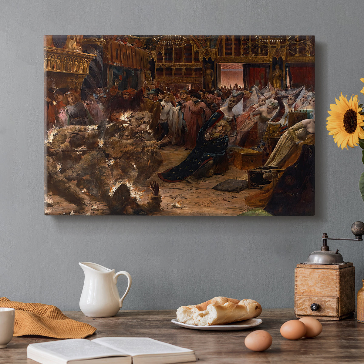 Canvas art print featuring a crowded interior scene with figures gathered around glowing central spectacle, set in a cozy kitchen setting