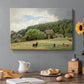 Canvas art print featuring cows grazing in pasture near farmhouse in rural countryside, set in a cozy kitchen setting