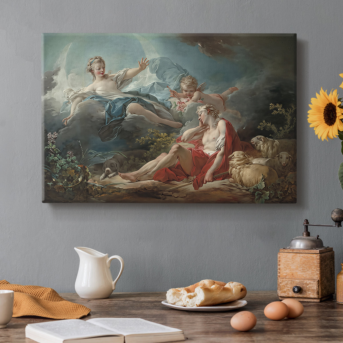 Canvas art print featuring a reclining male figure with female figure approaching in mythological landscape, set in a cozy kitchen setting