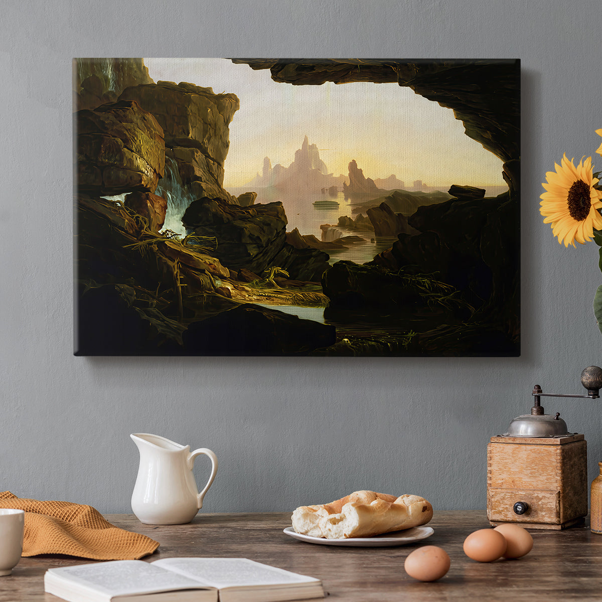 Canvas art print featuring a landscape emphasizing journey and environment, set in a cozy kitchen setting
