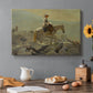 Canvas art print featuring a rider on horseback moving along elevated path with mountain view, set in a cozy kitchen setting