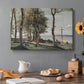 Canvas art print featuring a hillside landscape with religious cross overlooking trees and distant terrain, set in a cozy kitchen setting