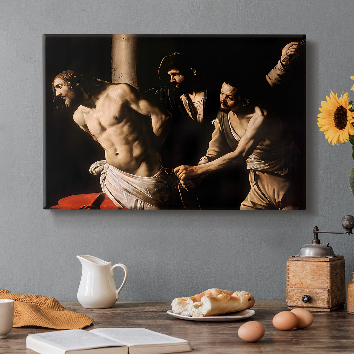 Canvas art print featuring Christ bound to column while being whipped by surrounding figures, set in a cozy kitchen setting