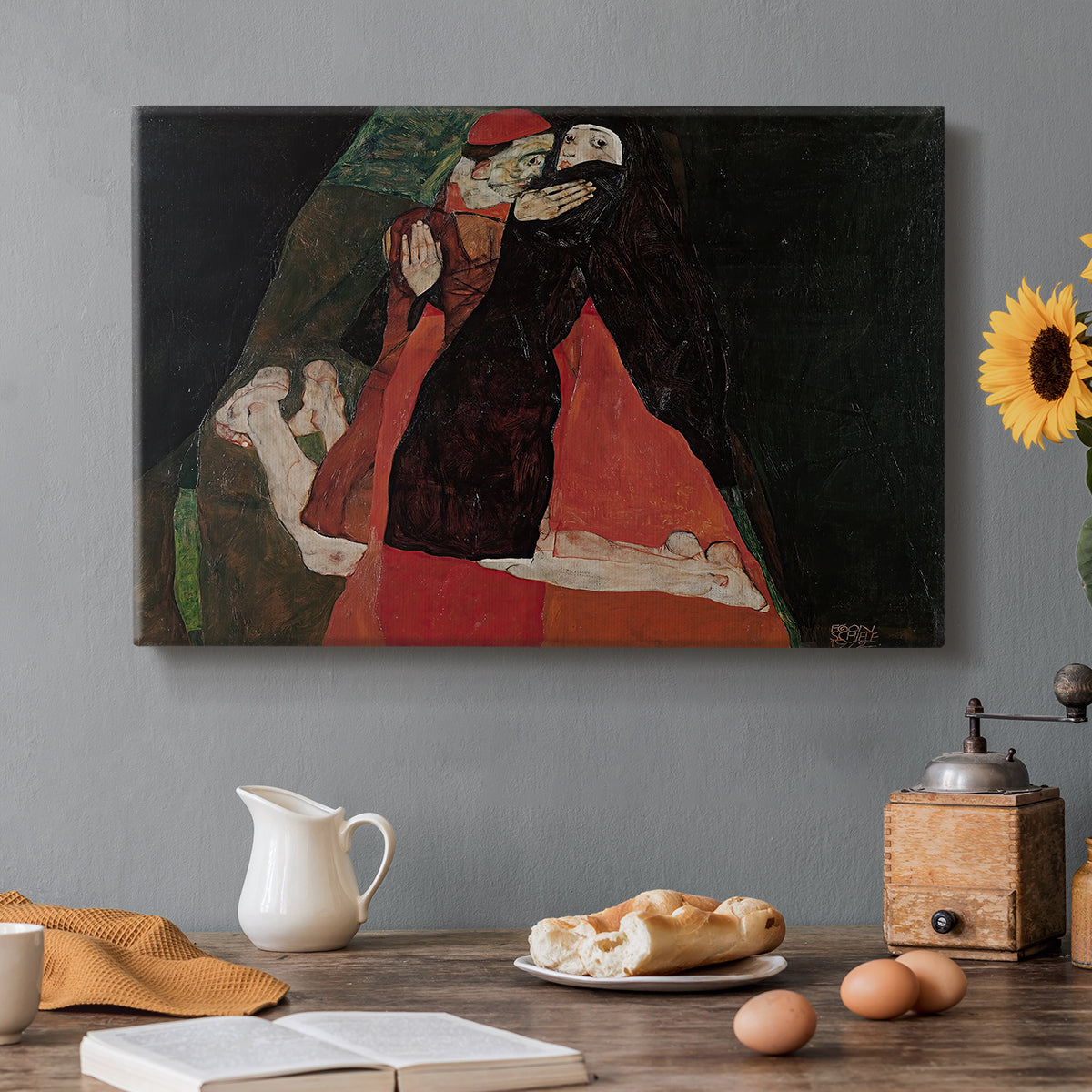 Canvas art print featuring two figures embracing intimately in stylized expressionist composition, set in a cozy kitchen setting