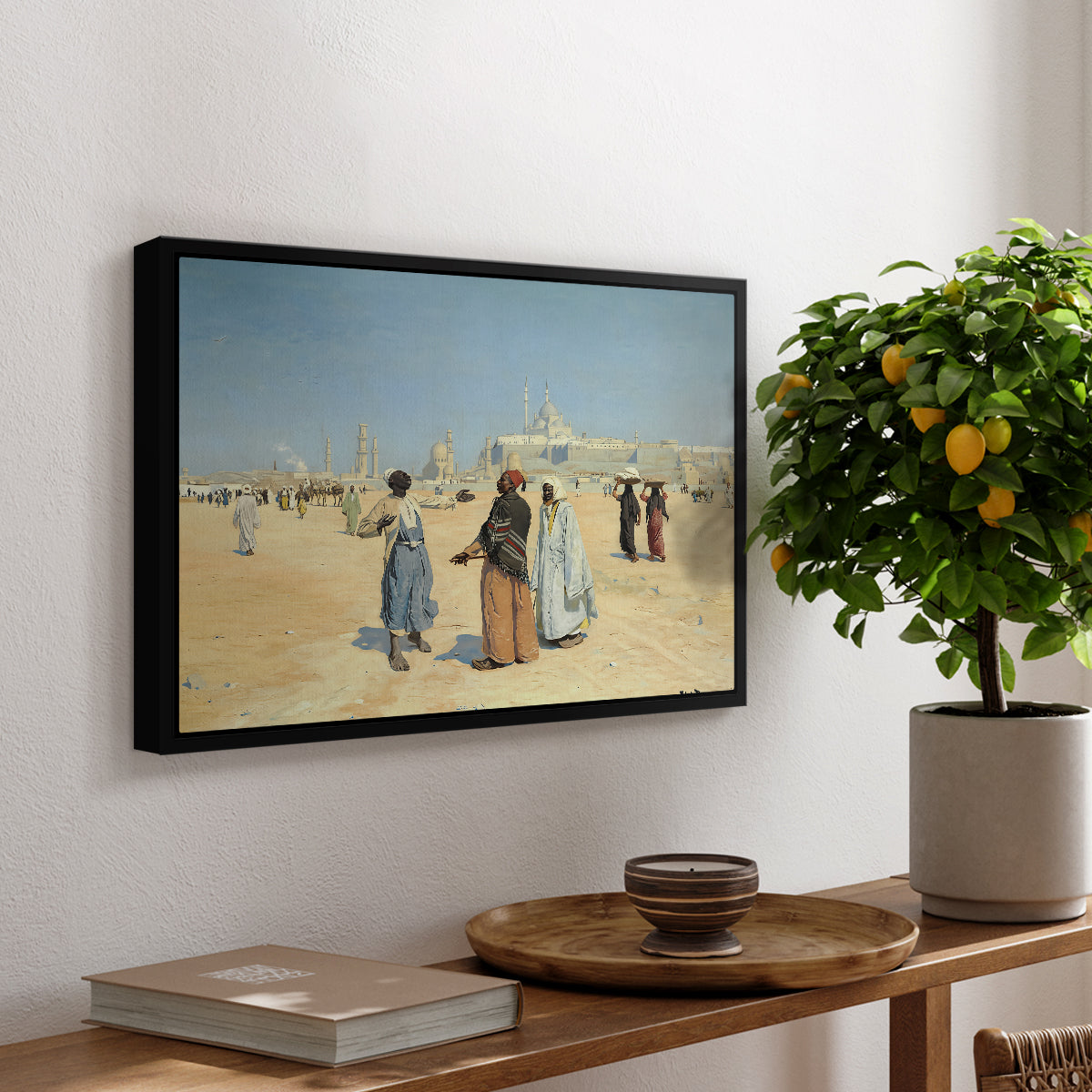 View from the Desert of Cairo with Citadel and Mamluk Tombs in the Background, c. 1889-1890 - Floater Framed Canvas Print