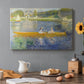 Canvas art print featuring two figures seated in a small boat drifting across calm water, set in a cozy kitchen setting