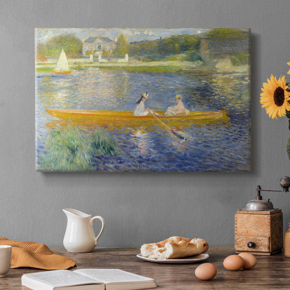 Canvas art print featuring two figures seated in a small boat drifting across calm water, set in a cozy kitchen setting