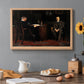 Canvas art print featuring a group of figures gathered indoors around central figure, set in a cozy kitchen setting