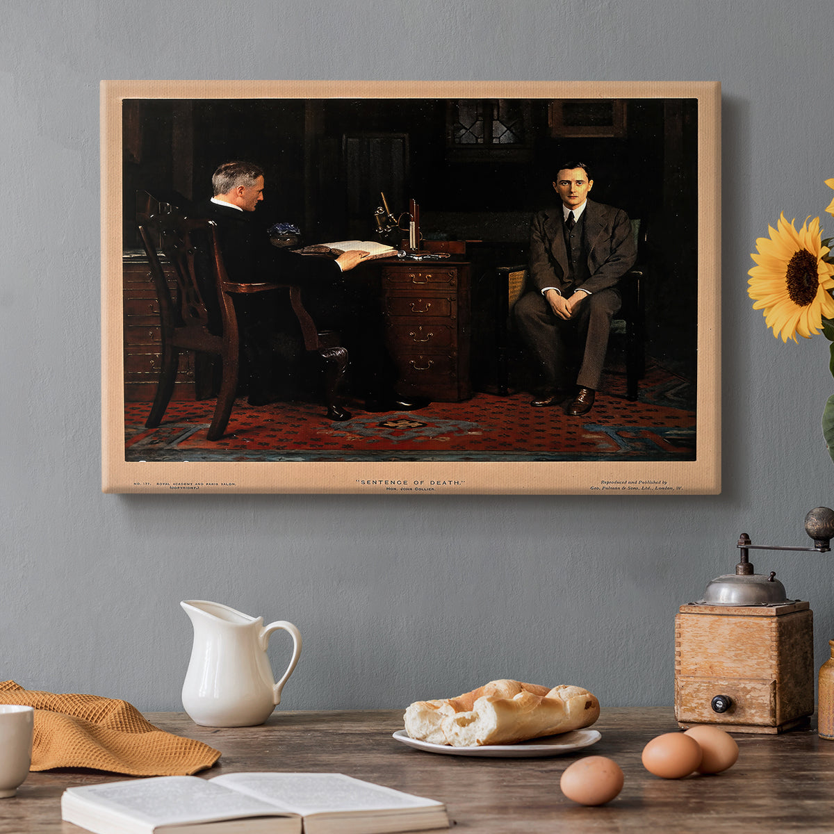 Canvas art print featuring a group of figures gathered indoors around central figure, set in a cozy kitchen setting